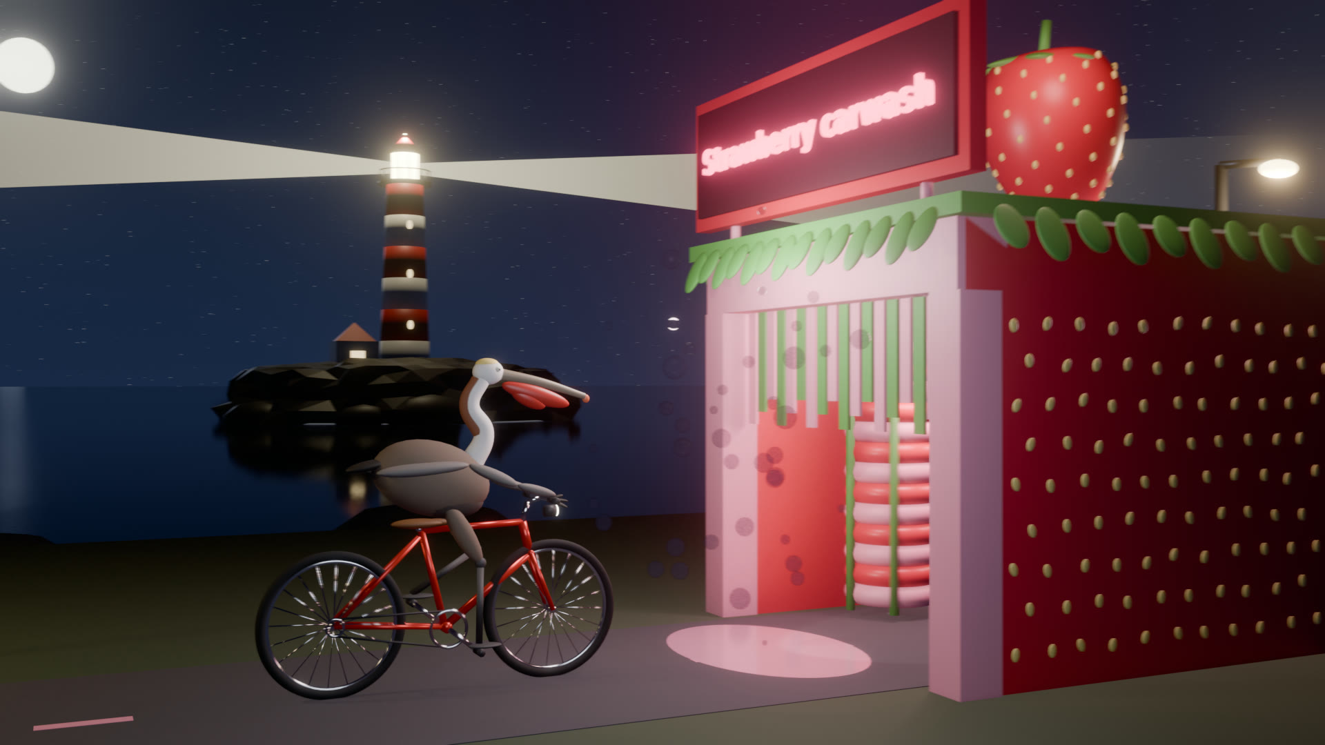 Night scene: a brown pelican on a red bicycle rides toward a pink and red strawberry-themed car wash with a glowing neon sign reading Strawberry carwash and a giant strawberry on the roof. Behind it a striped lighthouse on a rocky island sweeps a beam across a starry sky under a full moon.